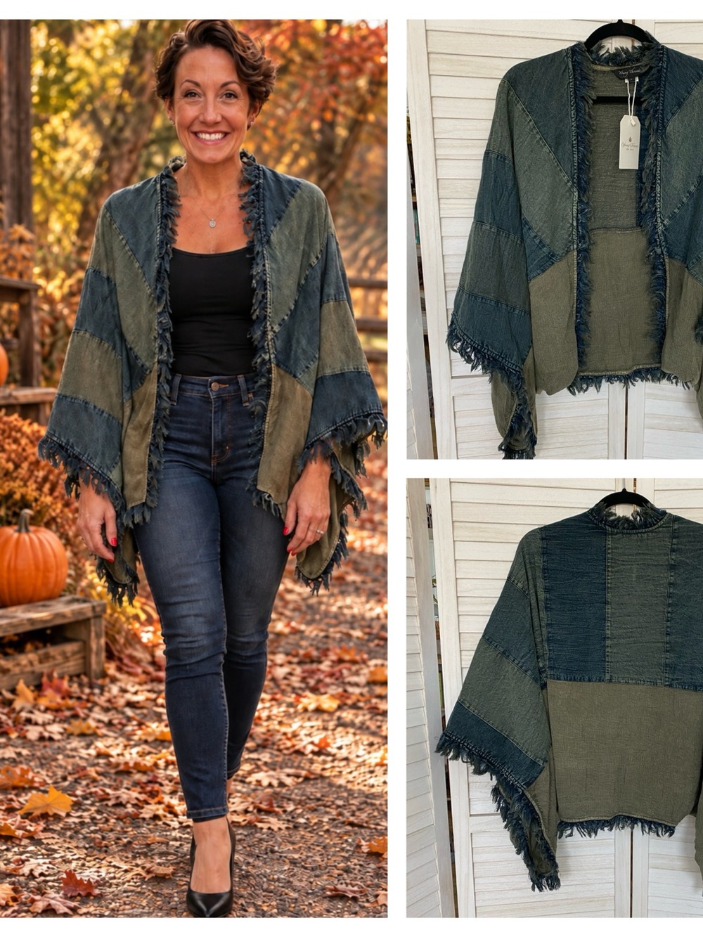 Young Threads Denim-Style Fringe Open Cardigan Patchwork Lightweight L NWT